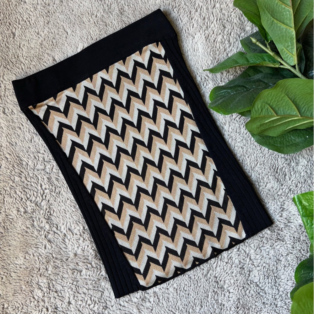 S🖤 Rag & Bone Skirt Pumice Elaine Chevron Inset Knit Black Tan Bodycon